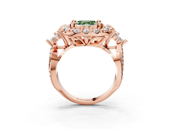 Rose Gold Asscher Cut Halo Crossover Pave Engagement Ring Setting for Fancy Green Center
