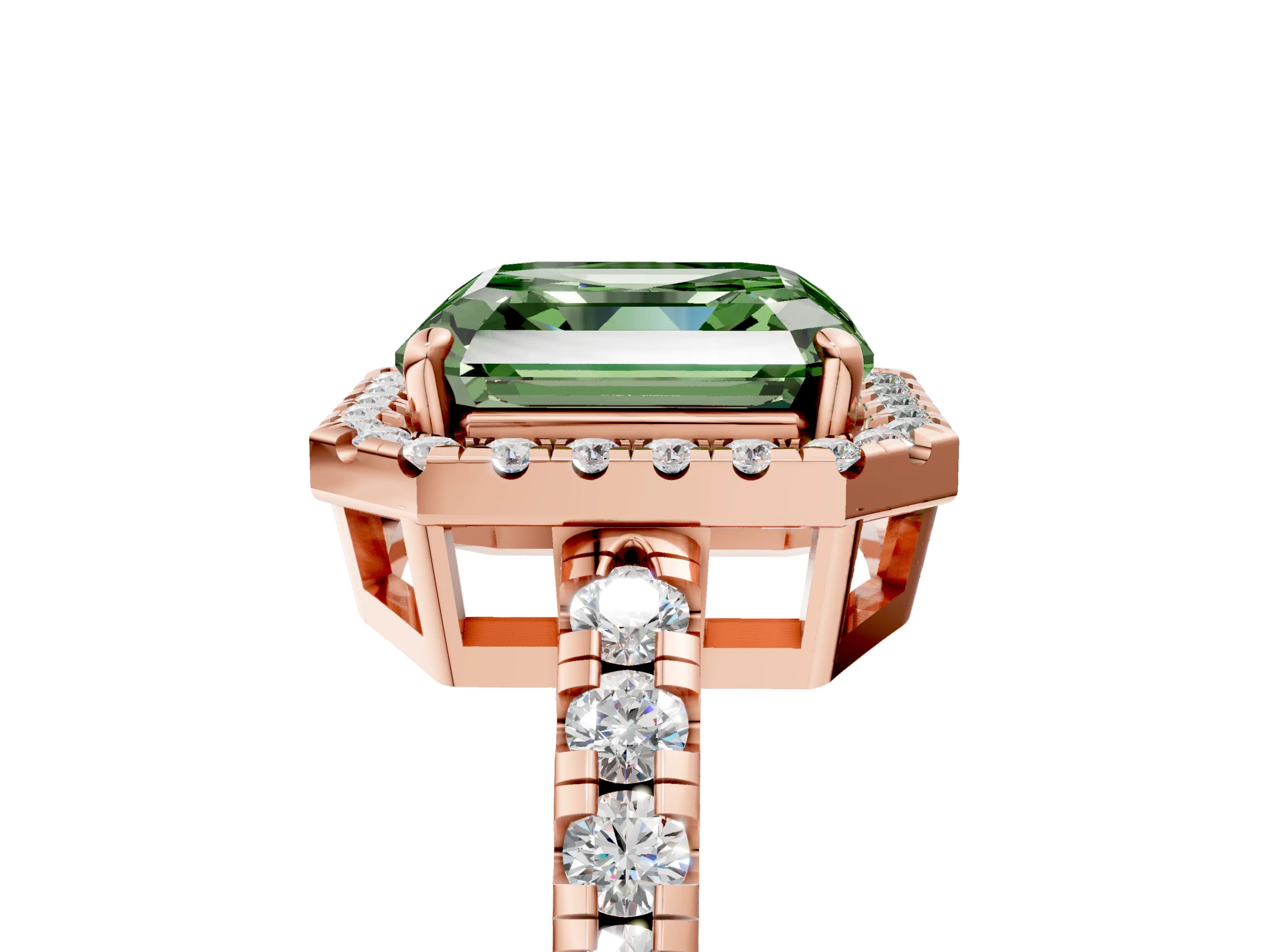 Rose gold Fancy Green Asscher Cut Diamond Halo Ring with Pavé Band and Four-Prong Setting_5