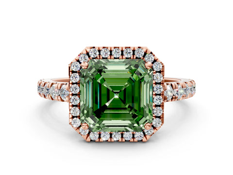 Rose gold Fancy Green Asscher Cut Diamond Halo Ring with Pavé Band and Four-Prong Setting