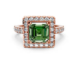 Rose gold Fancy Green Asscher Cut Diamond Halo Ring with Pavé Band and Prong Setting