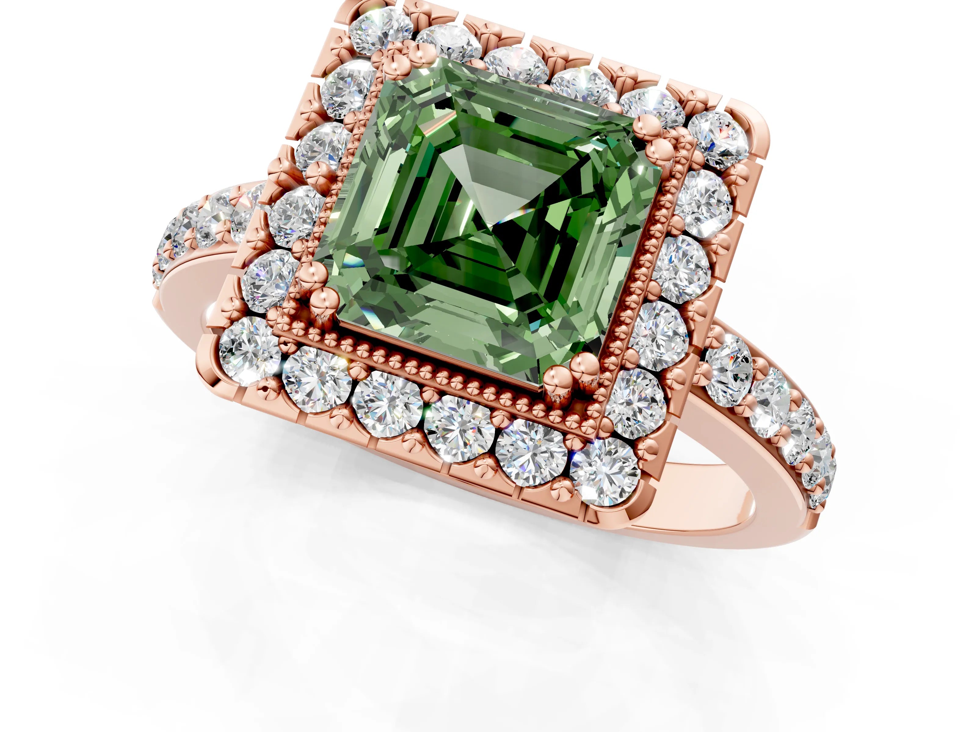 Rose gold Fancy Green Asscher Cut Diamond Halo Ring with Pavé Band and Prong Setting_1