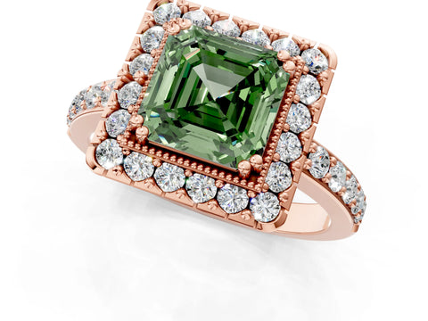 Rose gold Fancy Green Asscher Cut Diamond Halo Ring with Pavé Band and Prong Setting_1