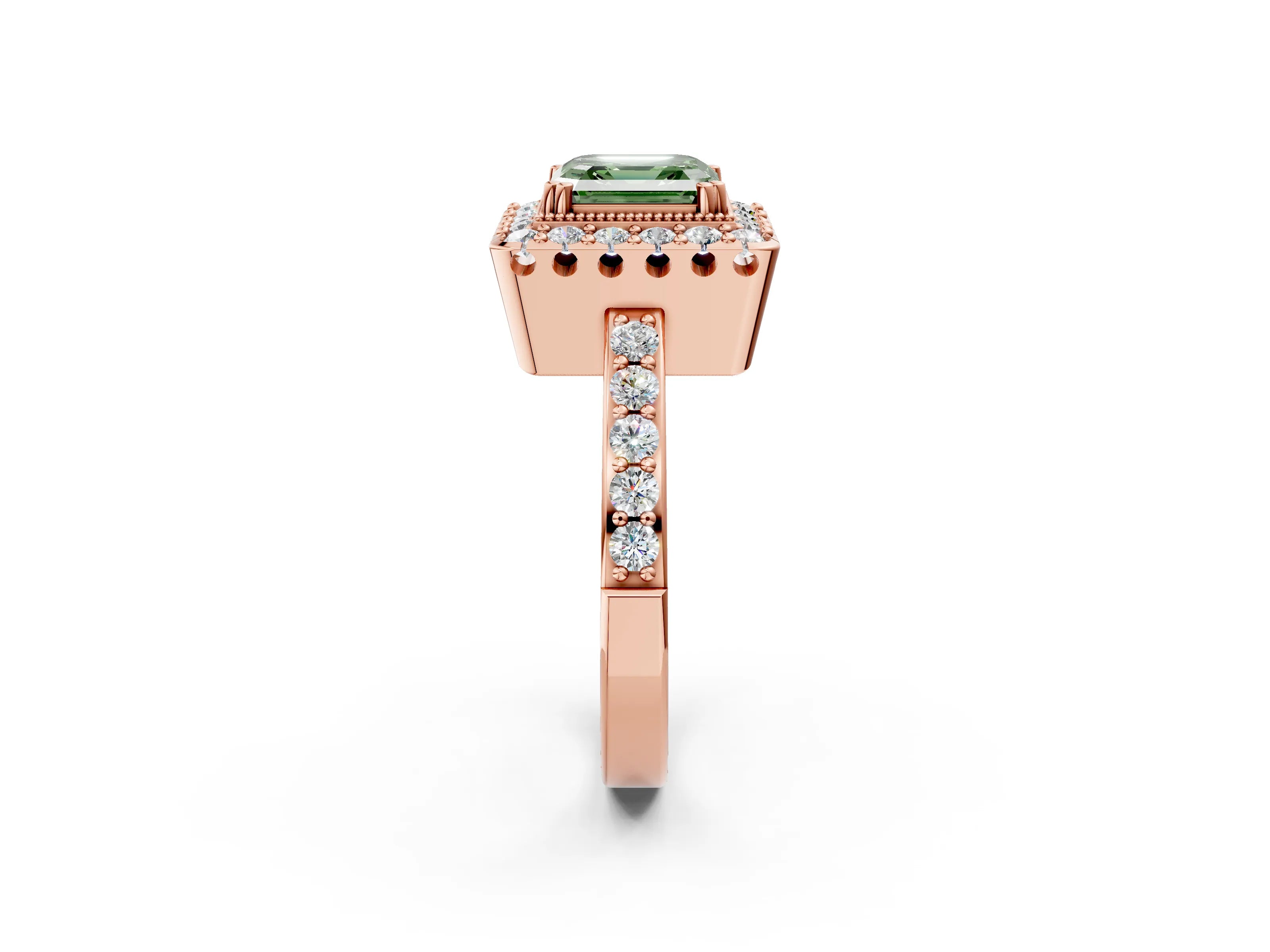Rose gold Fancy Green Asscher Cut Diamond Halo Ring with Pavé Band and Prong Setting_2