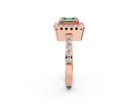 Rose gold Fancy Green Asscher Cut Diamond Halo Ring with Pavé Band and Prong Setting_2