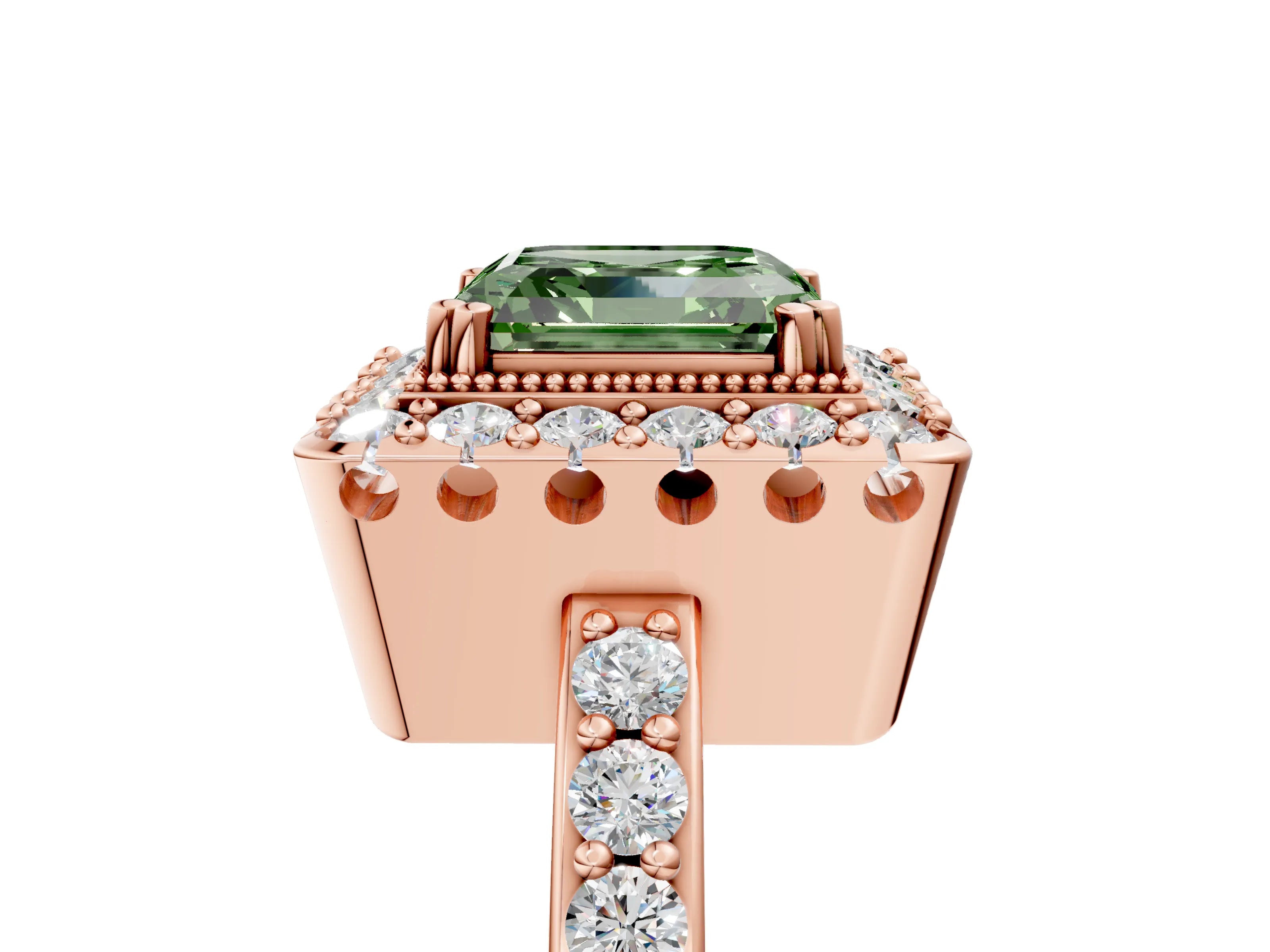 Rose gold Fancy Green Asscher Cut Diamond Halo Ring with Pavé Band and Prong Setting_5