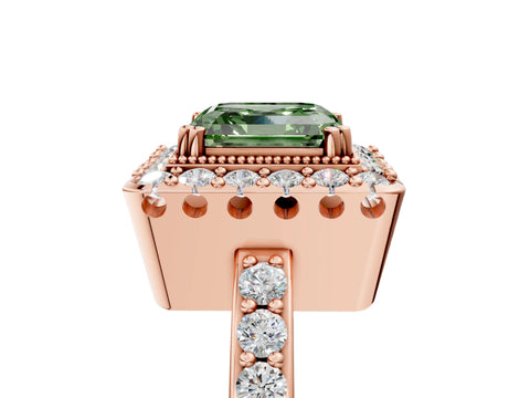 Rose gold Fancy Green Asscher Cut Diamond Halo Ring with Pavé Band and Prong Setting_5