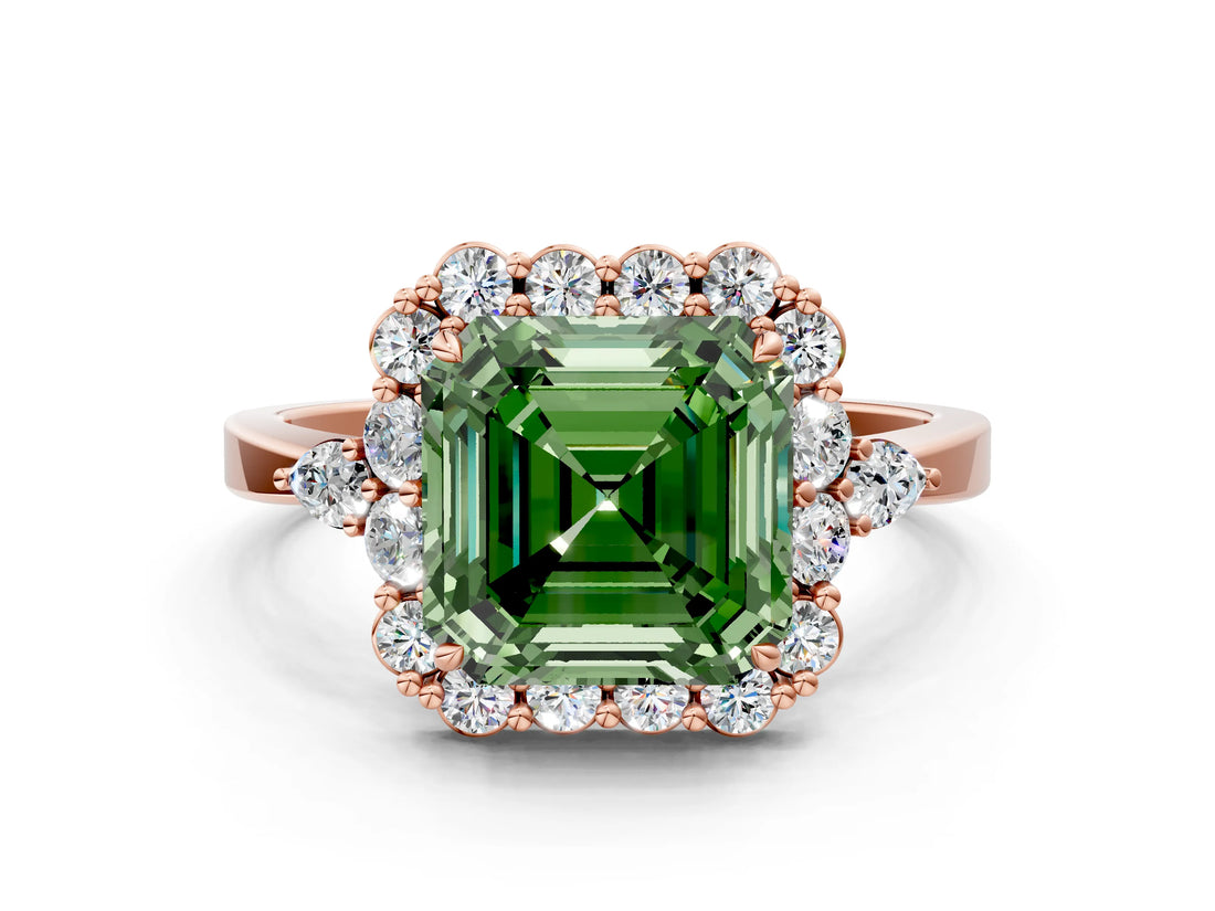 Rose gold Fancy Green Asscher Cut Diamond Halo Ring with Pear Side Stones and Prong Setting_34