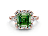 Rose gold Fancy Green Asscher Cut Diamond Halo Ring with Pear Side Stones and Prong Setting_34