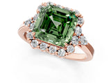 Rose gold Fancy Green Asscher Cut Diamond Halo Ring with Pear Side Stones and Prong Setting_35