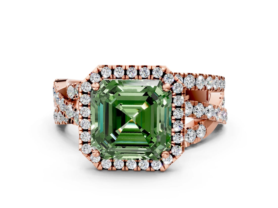 Rose gold Fancy Green Asscher Cut Diamond Halo Ring with Round Split Shank and Prong Setting_54