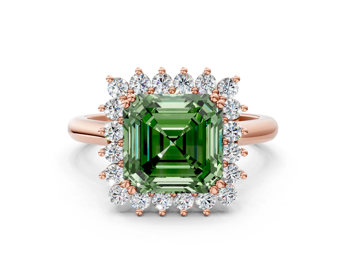 Rose gold Fancy Green Asscher  Cut Diamond Halo Ring with Solitaire Band and Prong Setting_46