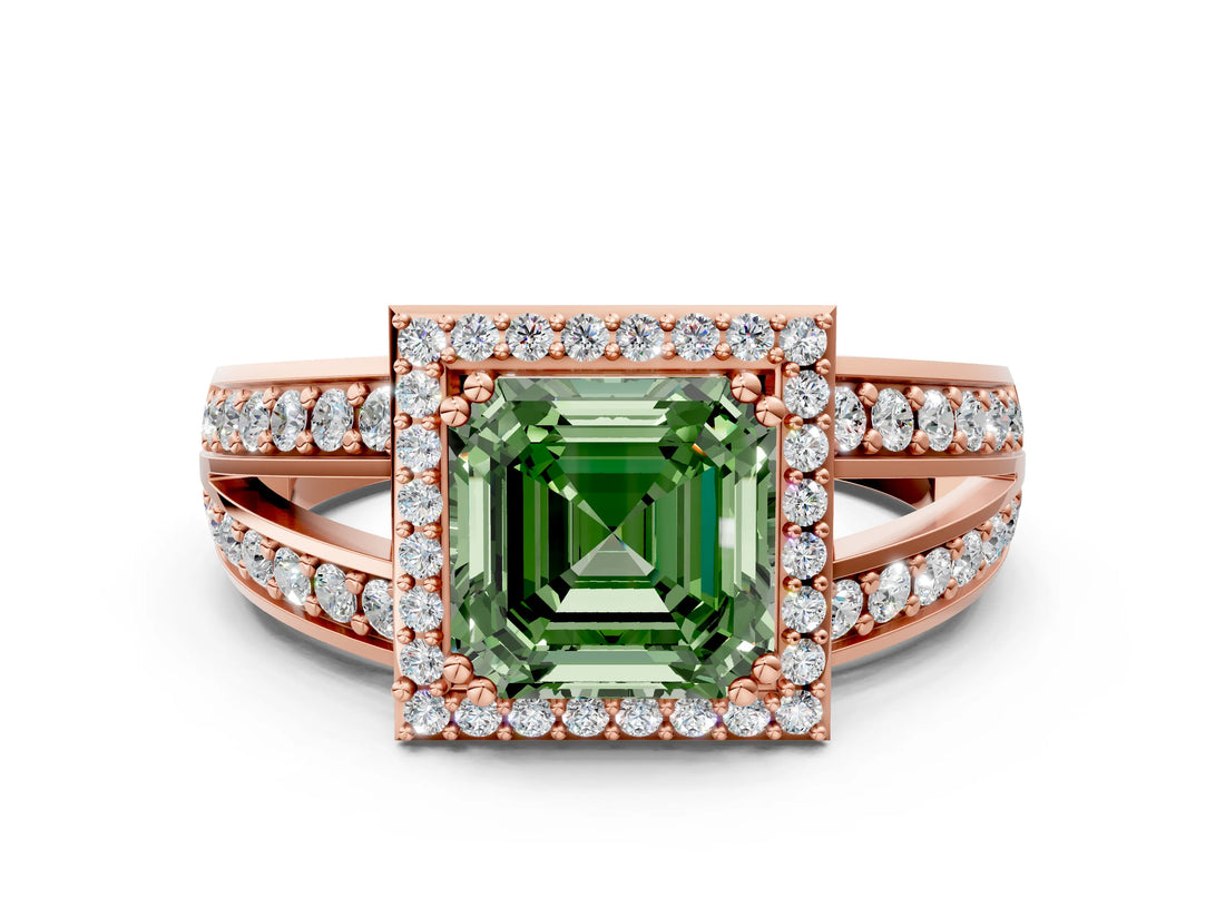 Rose gold Fancy Green Asscher Cut Diamond Halo Ring with Split Shank Pavé Band and Four-Prong Setting