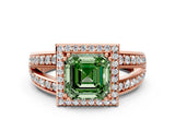 Rose gold Fancy Green Asscher Cut Diamond Halo Ring with Split Shank Pavé Band and Four-Prong Setting