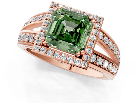 Rose gold Fancy Green Asscher Cut Diamond Halo Ring with Split Shank Pavé Band and Four-Prong Setting_1