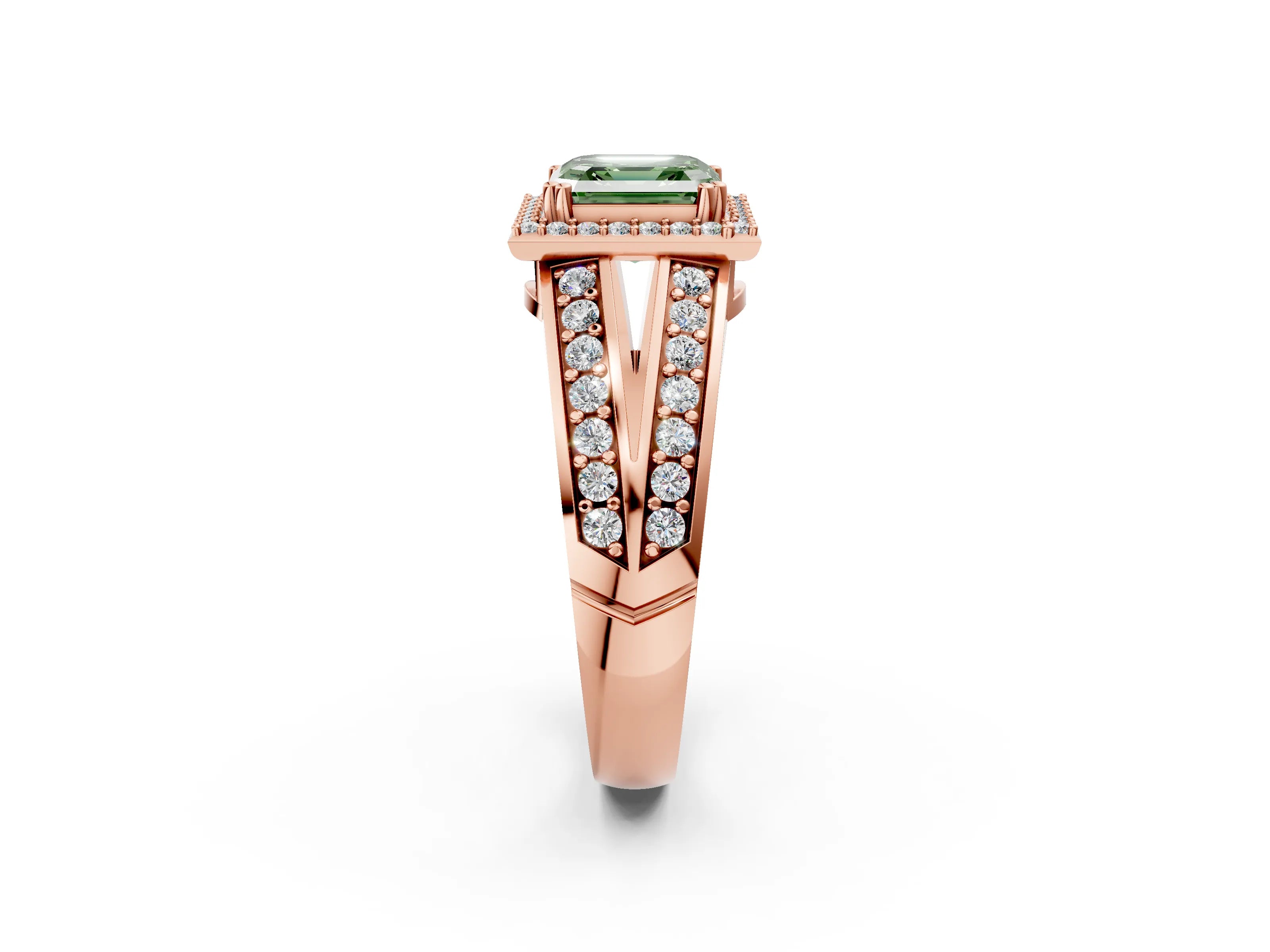 Rose gold Fancy Green Asscher Cut Diamond Halo Ring with Split Shank Pavé Band and Four-Prong Setting_2