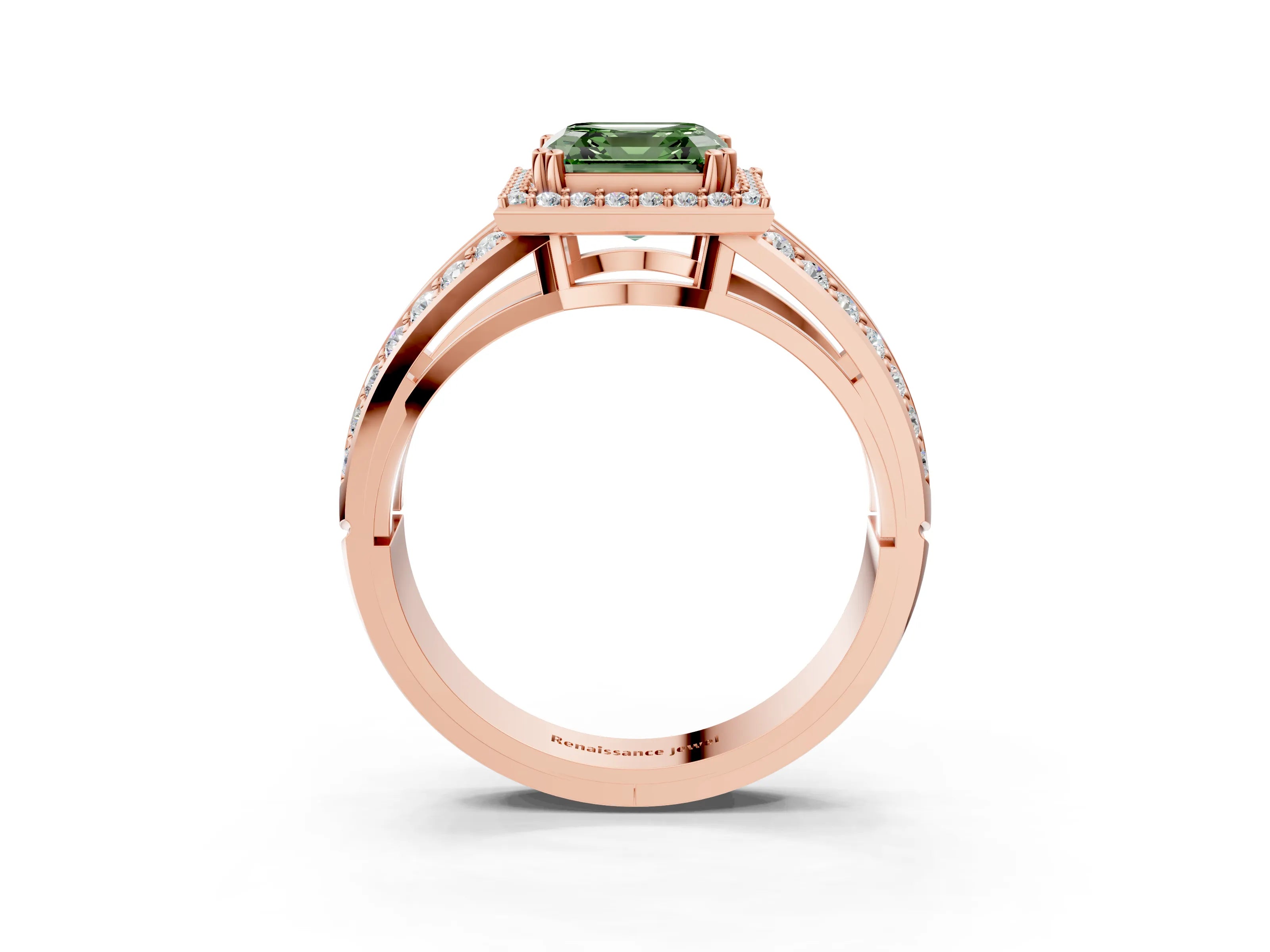Rose gold Fancy Green Asscher Cut Diamond Halo Ring with Split Shank Pavé Band and Four-Prong Setting_3