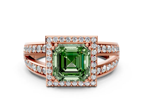 Rose gold Fancy Green Asscher Cut Diamond Halo Ring with Split Shank Pavé Band and Four-Prong Setting