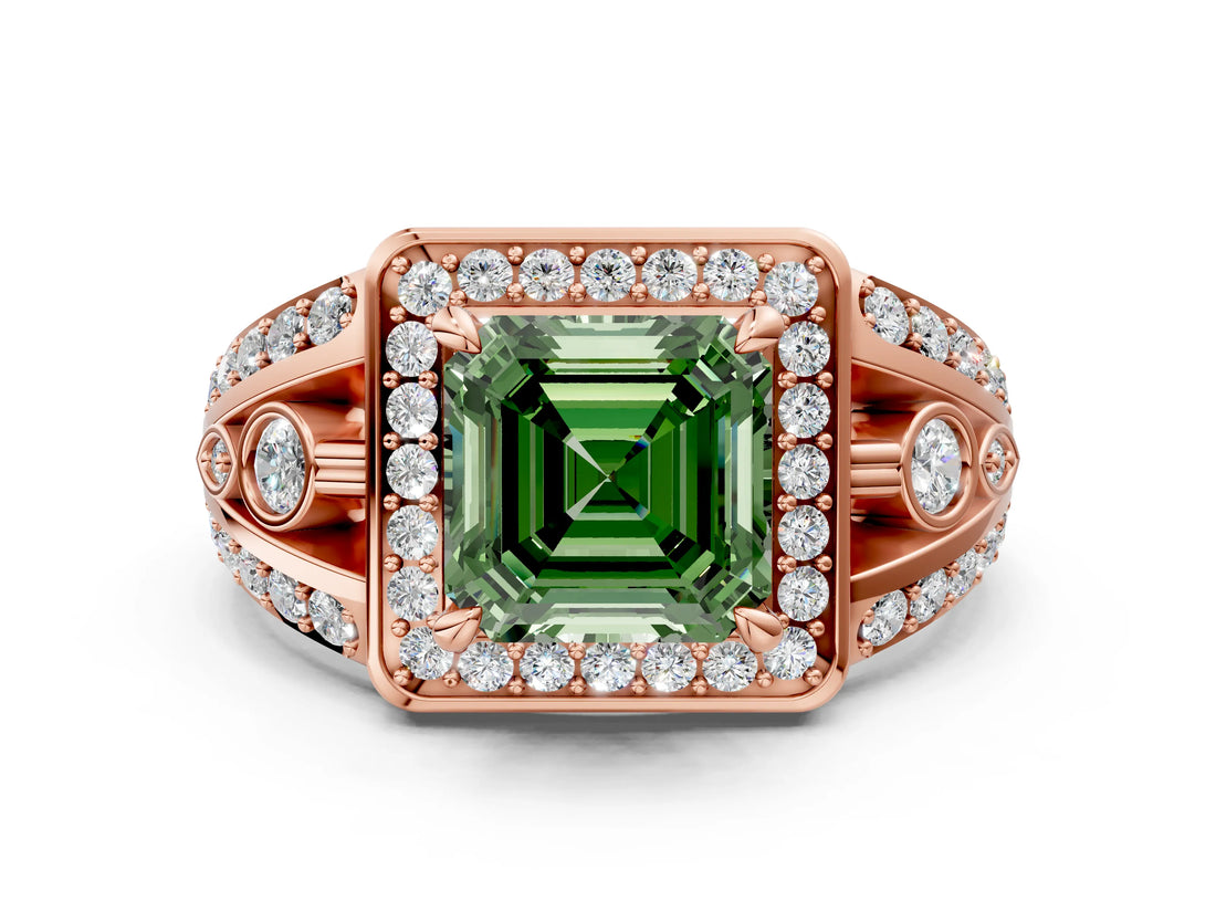 Rose gold Fancy Green Asscher Cut Diamond Halo Ring with Split Shank and Bezel Accents and Four-Prong Setting