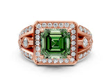 Rose gold Fancy Green Asscher Cut Diamond Halo Ring with Split Shank and Bezel Accents and Four-Prong Setting