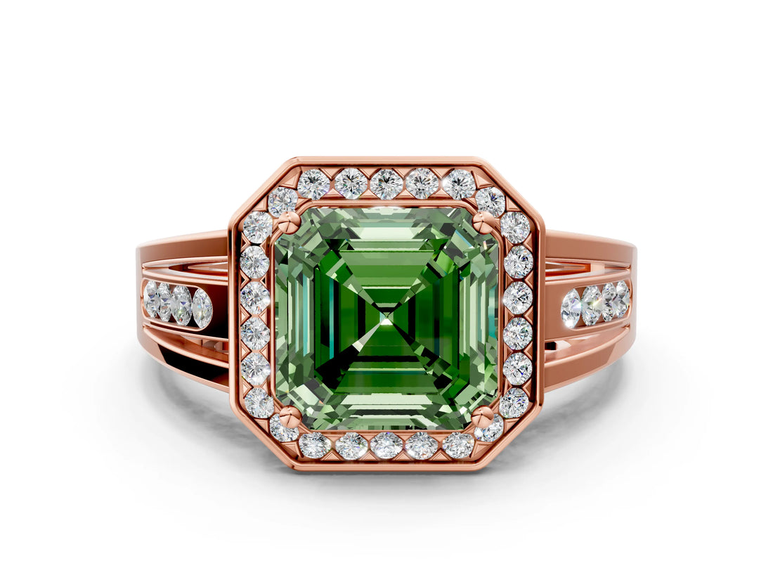Rose gold Fancy Green Asscher Cut Diamond Halo Ring with Split Shank and Bezel Accents and Prong Setting