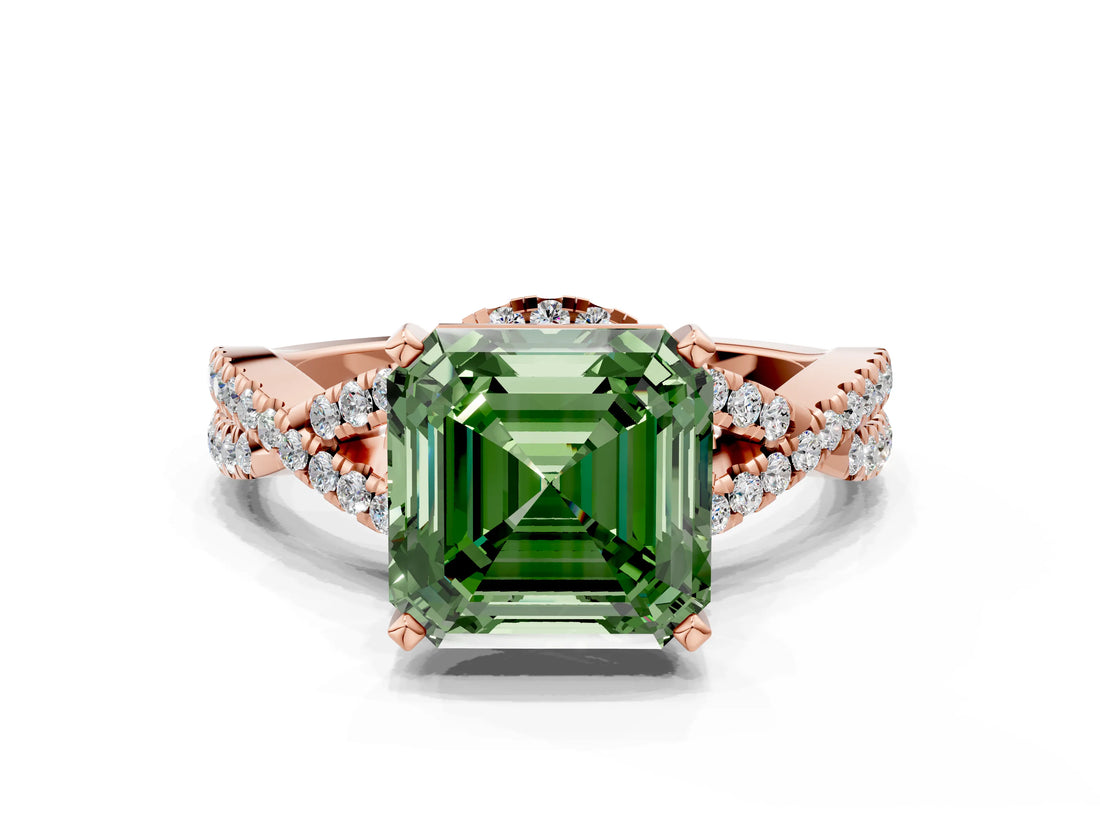 Rose gold Fancy Green Asscher Cut Diamond  Halo Twist Band Solitaire Prong Setting Ring_42