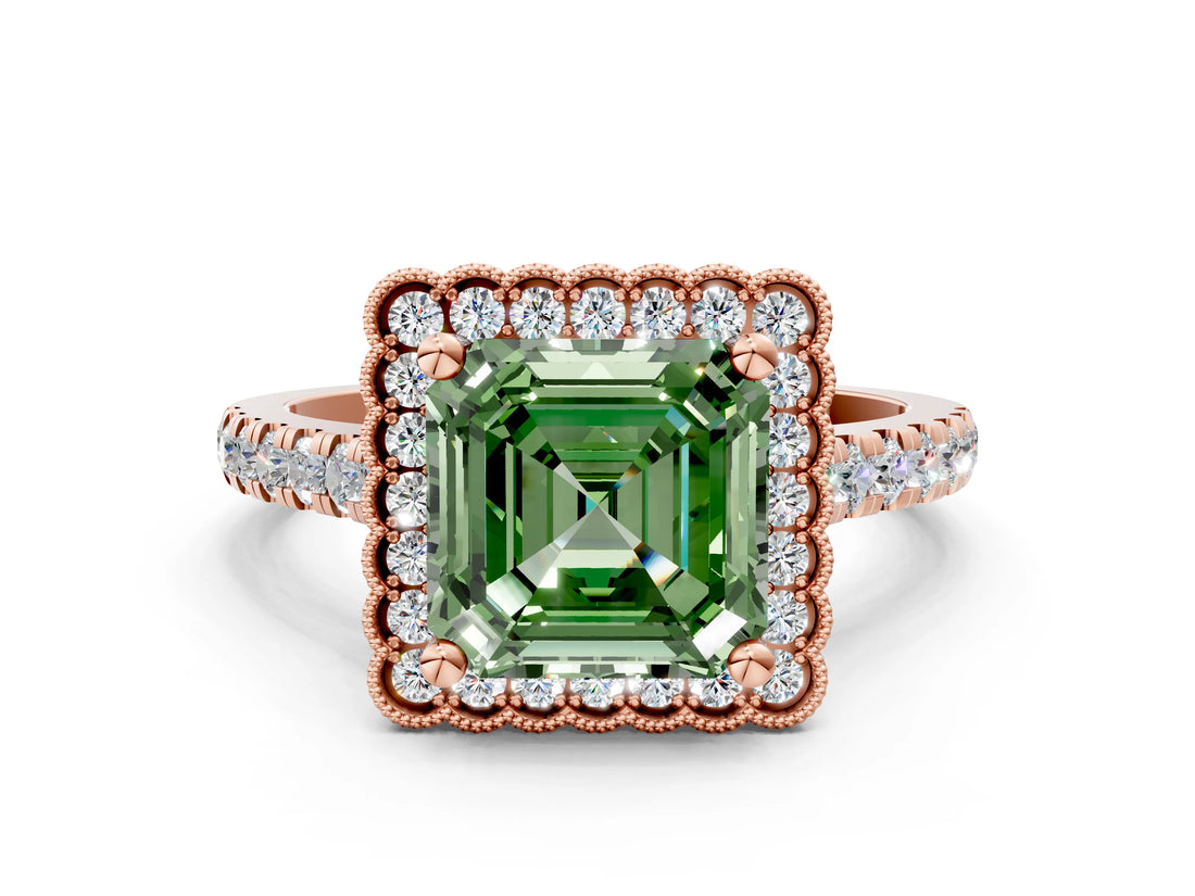 Rose gold Fancy Green Asscher  Cut Diamond Milgrain Floral Halo Engagement Ring with Pavé Band_15