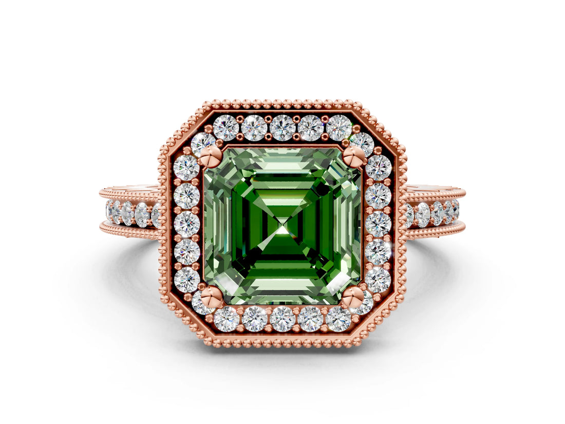 Rose gold Fancy Green Asscher Cut Diamond Milgrain Halo Engagement Ring with Round Pavé Band and Prong Setting_12