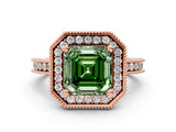 Rose gold Fancy Green Asscher Cut Diamond Milgrain Halo Engagement Ring with Round Pavé Band and Prong Setting_12