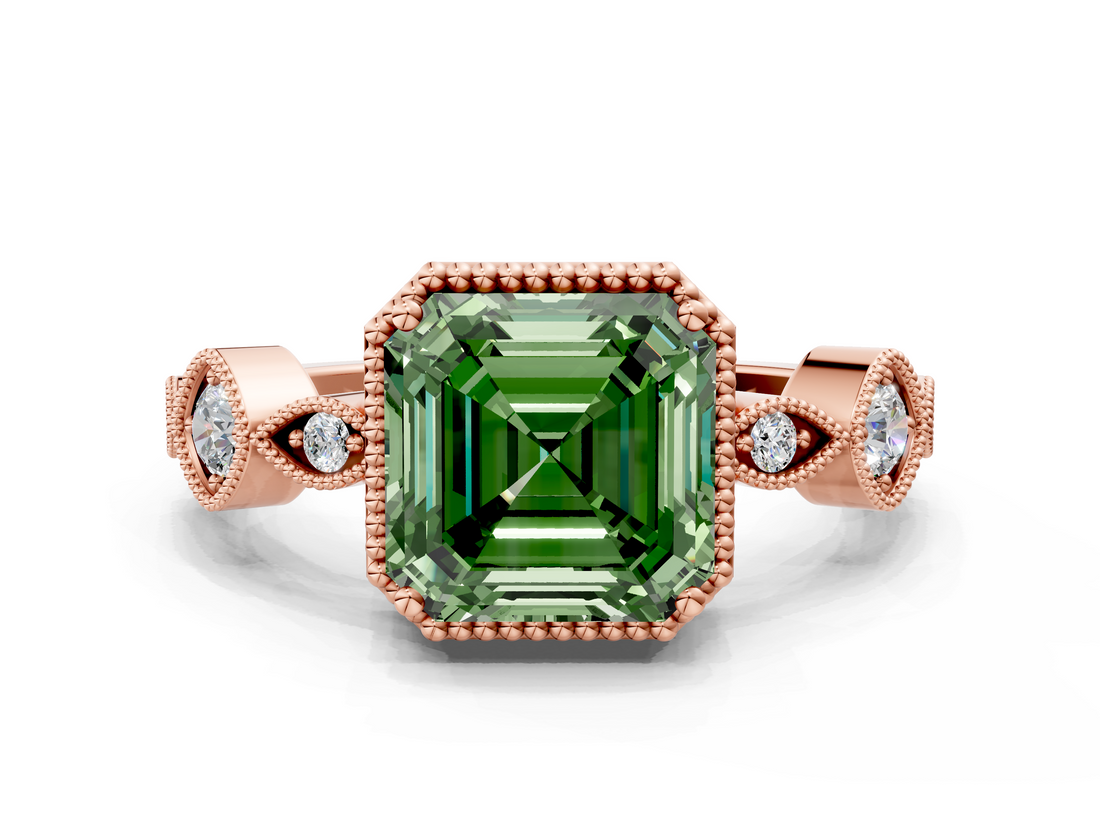 Rose gold Fancy Green Asscher  Cut Diamond Milgrain Marquise Band with Prong Setting_3