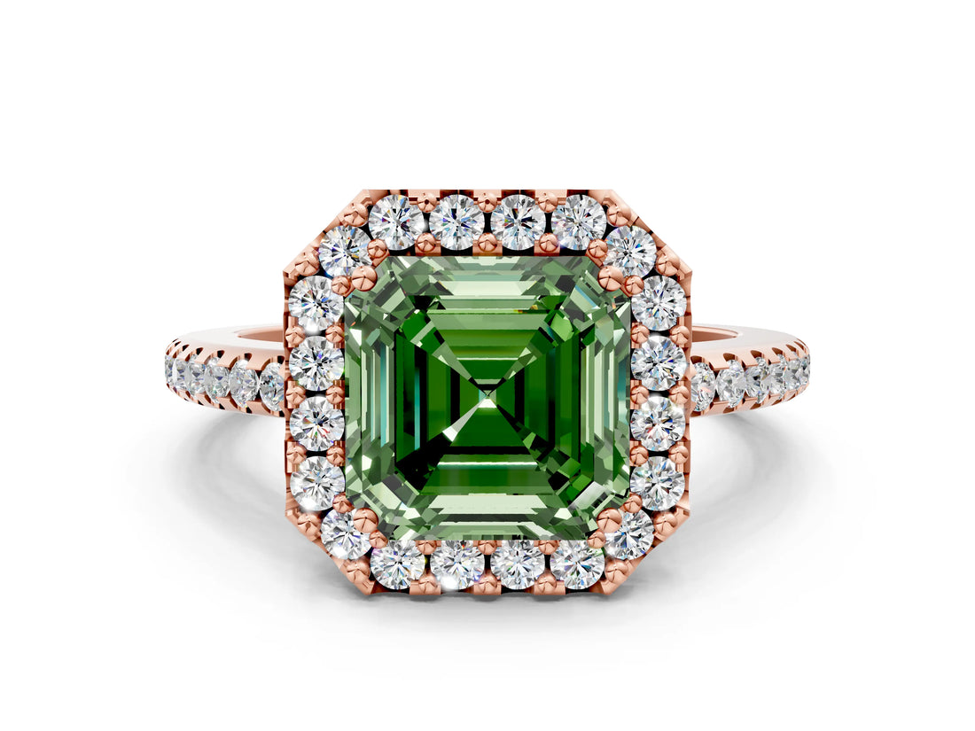 Rose gold Fancy Green Asscher Cut Diamond Pavé Halo Ring with Four-Prong Setting_41