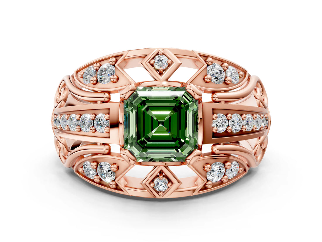 Rose gold Fancy Green Asscher Cut Diamond Pave Art Deco Split Shank Ring with Four-Prong Setting