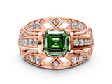 Rose gold Fancy Green Asscher Cut Diamond Pave Art Deco Split Shank Ring with Four-Prong Setting