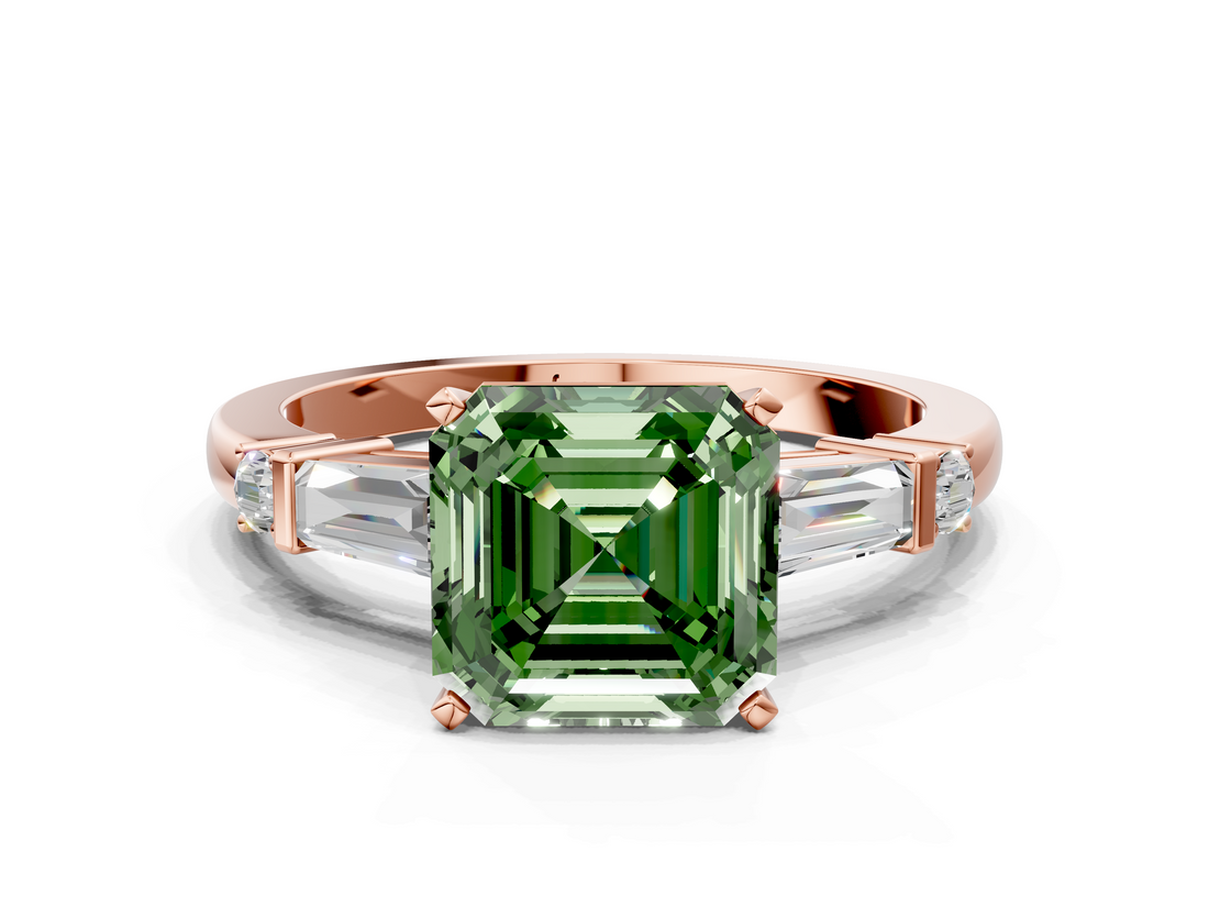 Rose gold Fancy Green Asscher  Cut Diamond Ring with Baguette Side Stones, Channel Set Band, and Four-Prong Setting_17