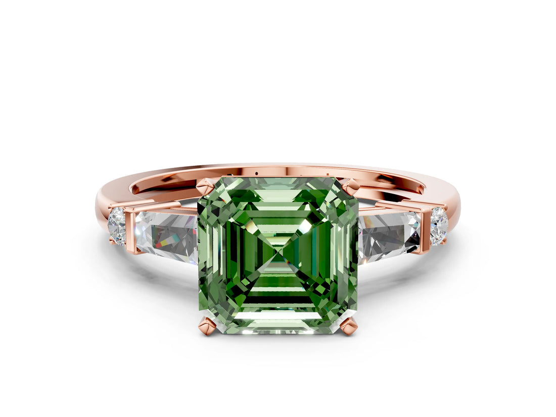 Rose gold Fancy Green Asscher  Cut Diamond Ring with Baguette Side Stones, Channel Set Band, and Four-Prong Setting_24