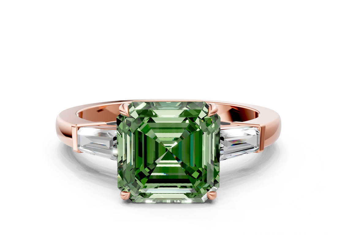 Rose gold Fancy Green Asscher  Cut Diamond Ring with Tapered Baguette Side Stones in Four-Prong Setting