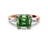Rose gold Fancy Green Asscher  Cut Diamond Ring with Tapered Baguette Side Stones in Four-Prong Setting