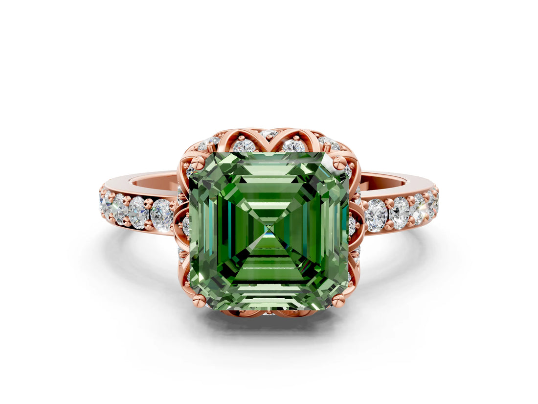 Rose gold Fancy Green Asscher Cut Diamond Scalloped Halo Engagement Ring with Round Shared Prong Band_12