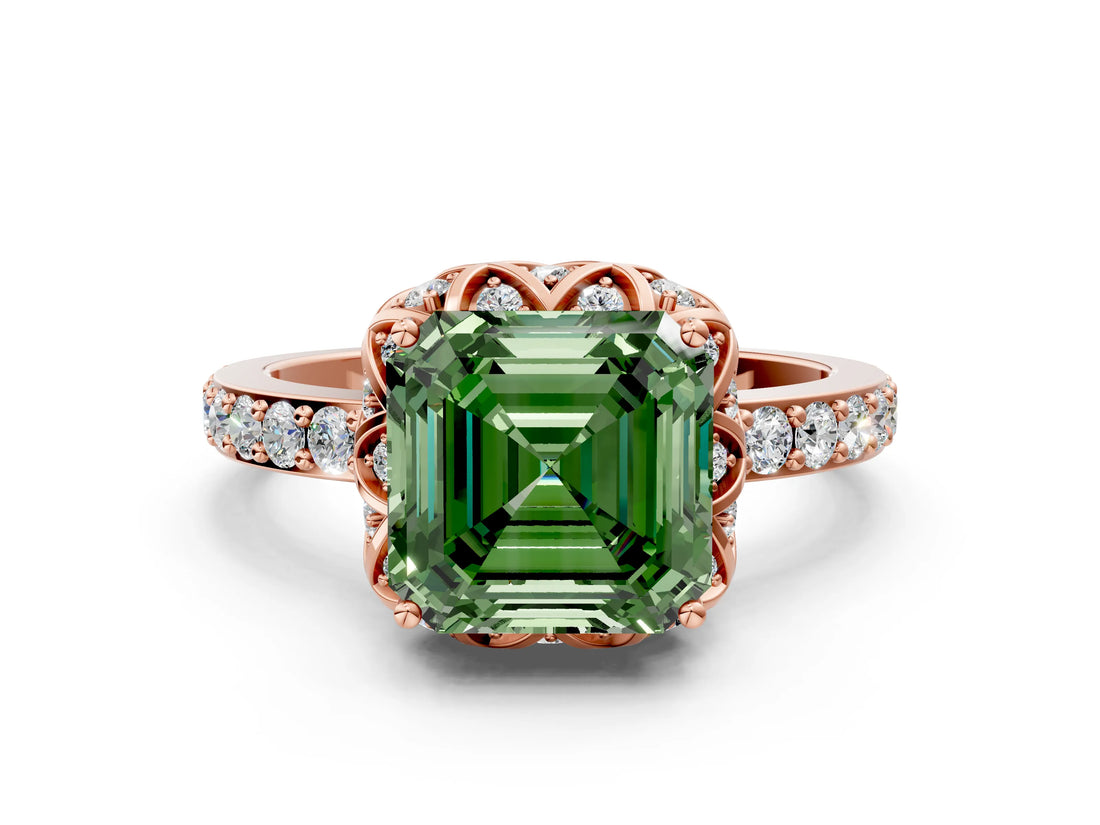 Rose gold Fancy Green Asscher Cut Diamond Scalloped Halo Engagement Ring with Round Shared Prong Band_24