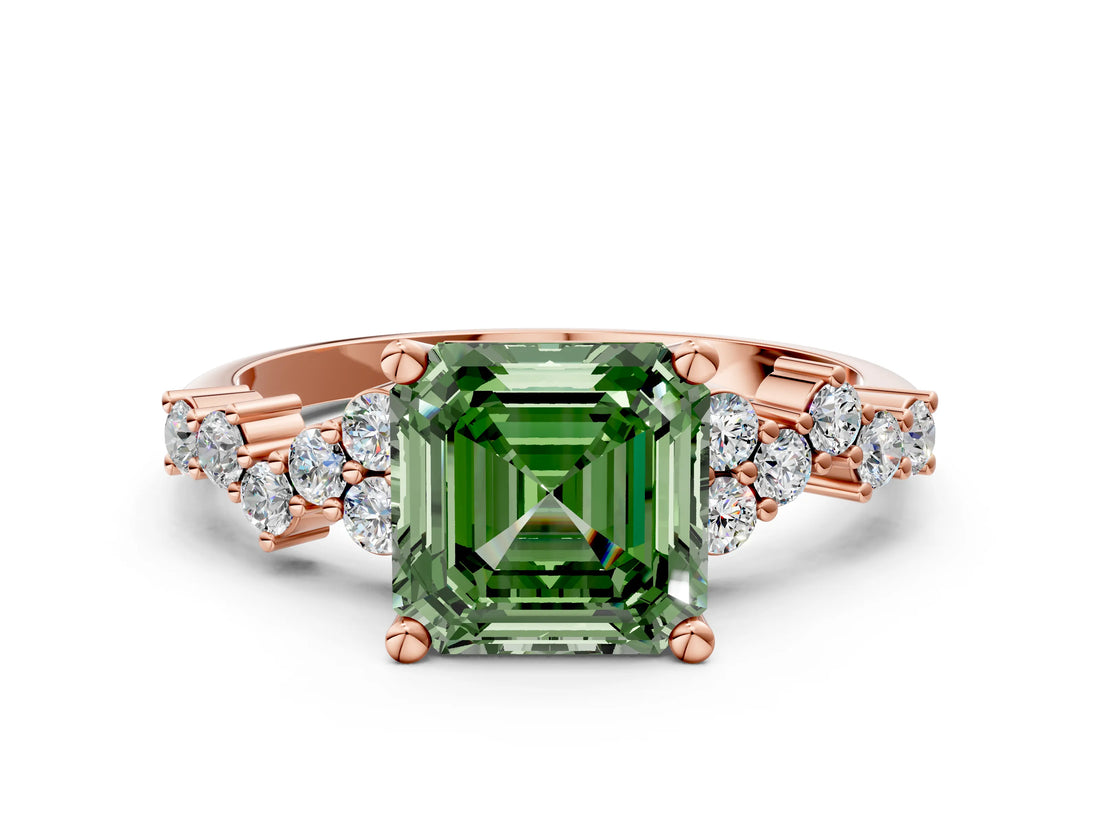 Rose gold Fancy Green Asscher Cut Diamond Scattered Round Accent Ring with Prong Setting_12