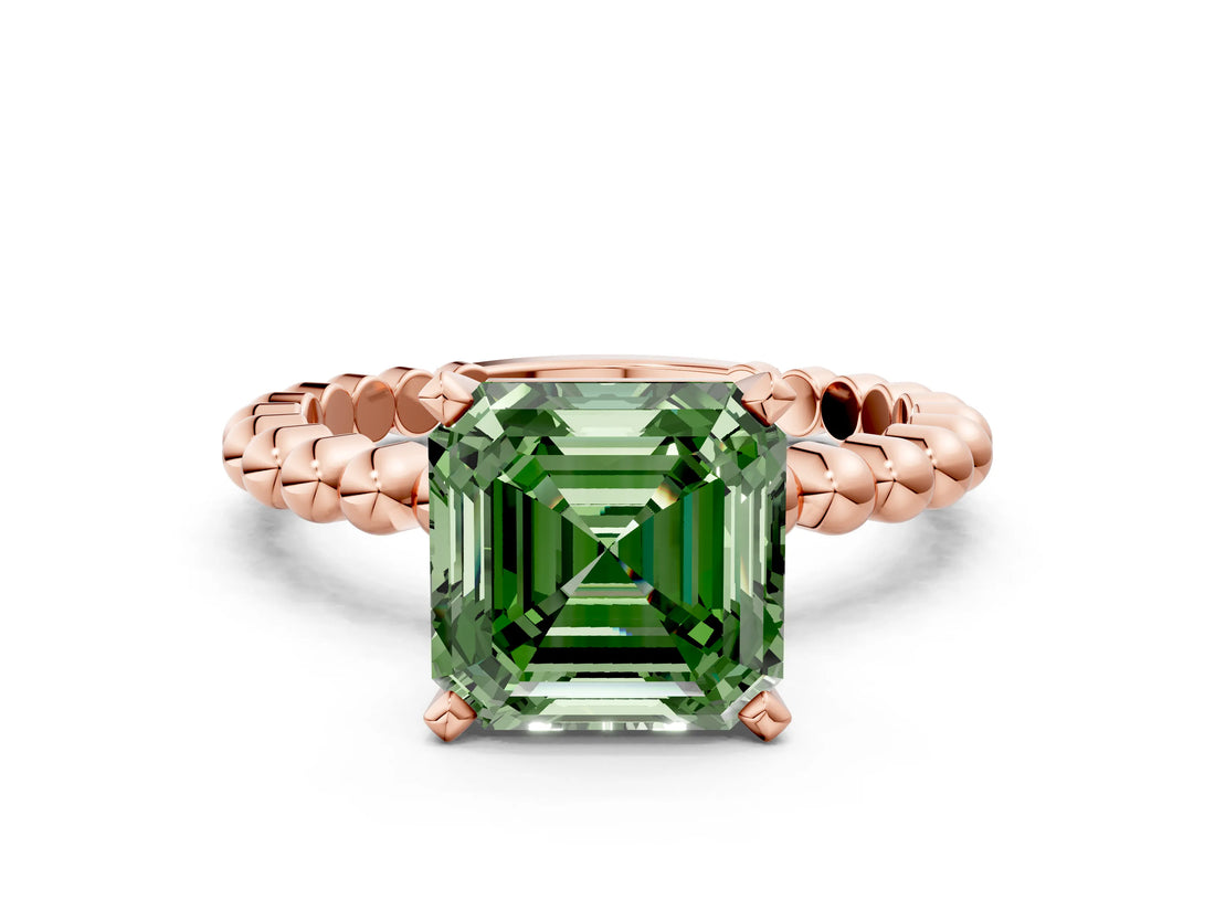 Rose gold Fancy Green Asscher Cut Diamond Solitaire Ring with Beaded Band and Prong Setting_45
