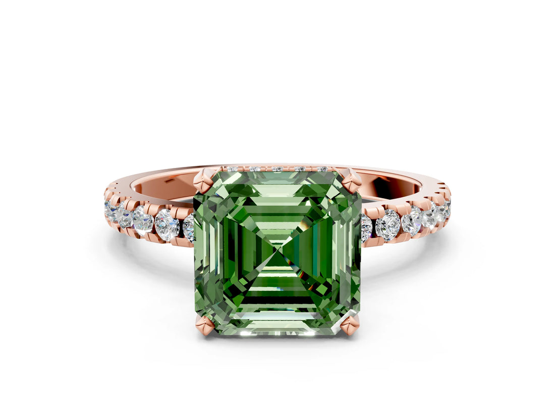 Rose gold Fancy Green Asscher Cut Diamond Solitaire Ring with Pavé Band and Four-Prong Setting_53