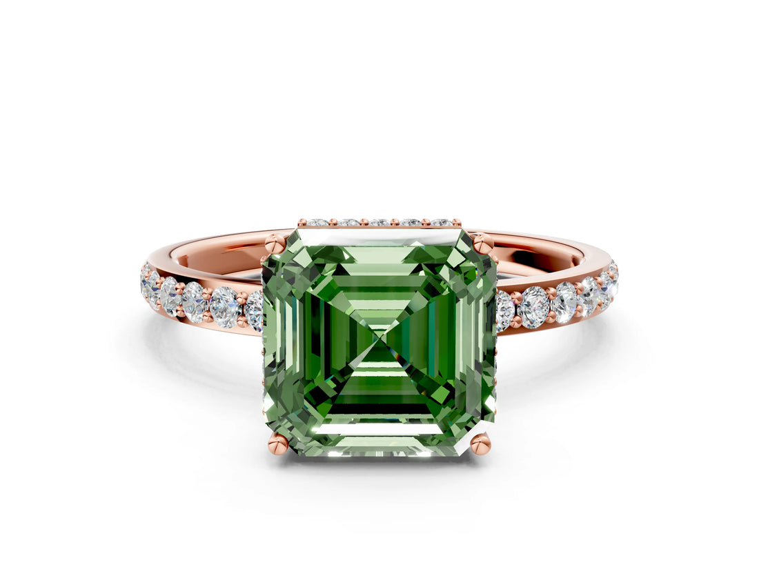 Rose gold Fancy Green Asscher Cut Diamond Solitaire Ring with Pavé Band and Hidden Halo_19
