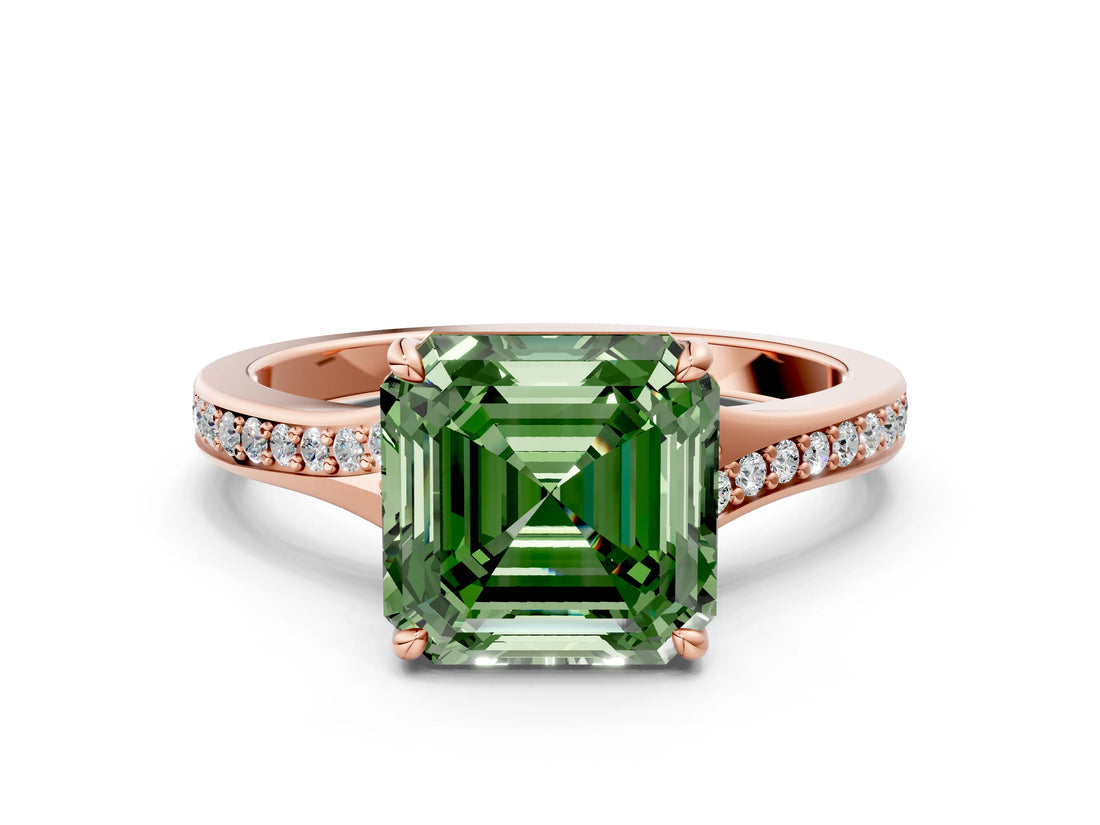 Rose gold Fancy Green Asscher Cut Diamond Solitaire Ring with Pavé Band and Prong Setting_12