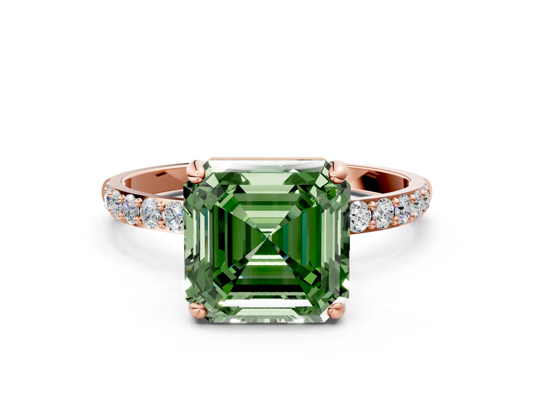 Rose gold Fancy Green Asscher Cut Diamond Solitaire Ring with Pave Band and Four Prong Setting_17