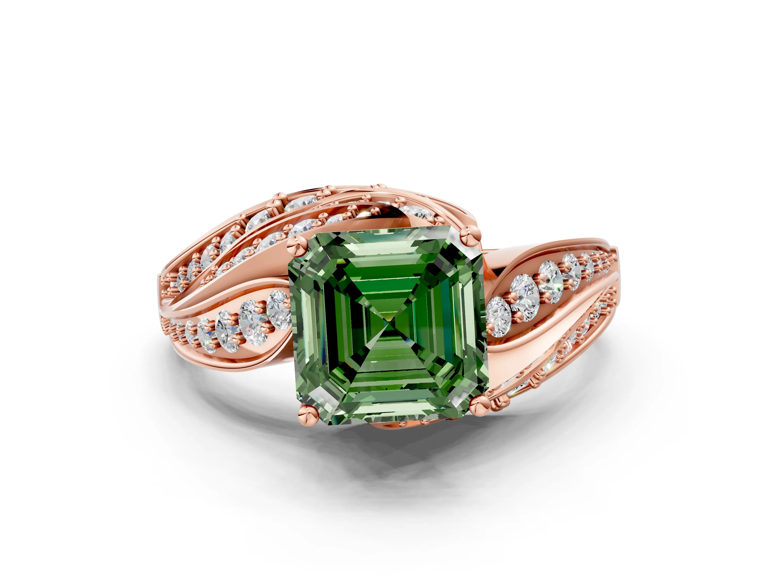 Rose gold Fancy Green Asscher Cut Diamond Solitaire Ring with Prong Setting and Twisted Pavé Band