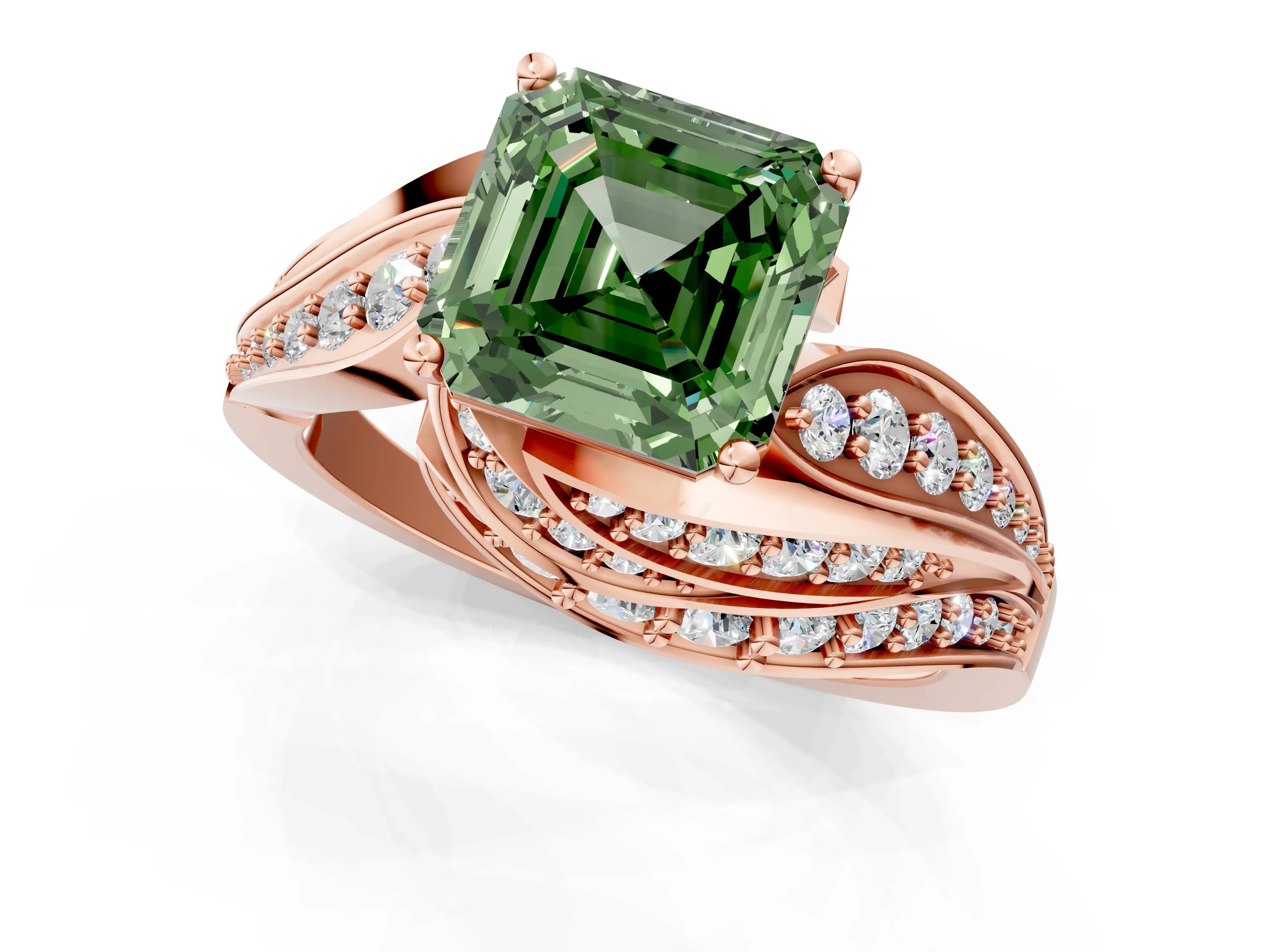 Rose gold Fancy Green Asscher Cut Diamond Solitaire Ring with Prong Setting and Twisted Pavé Band_1