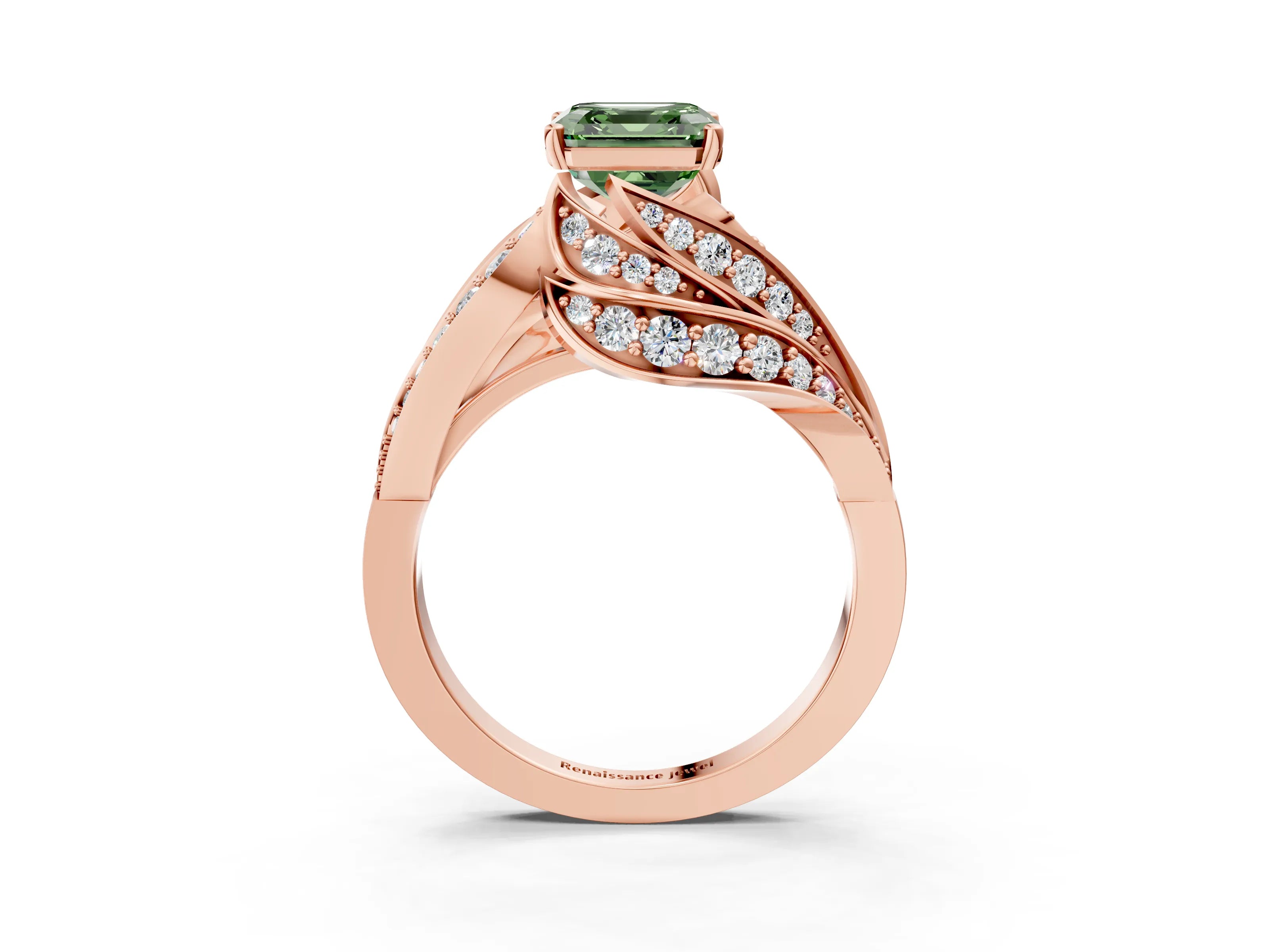 Rose gold Fancy Green Asscher Cut Diamond Solitaire Ring with Prong Setting and Twisted Pavé Band_3