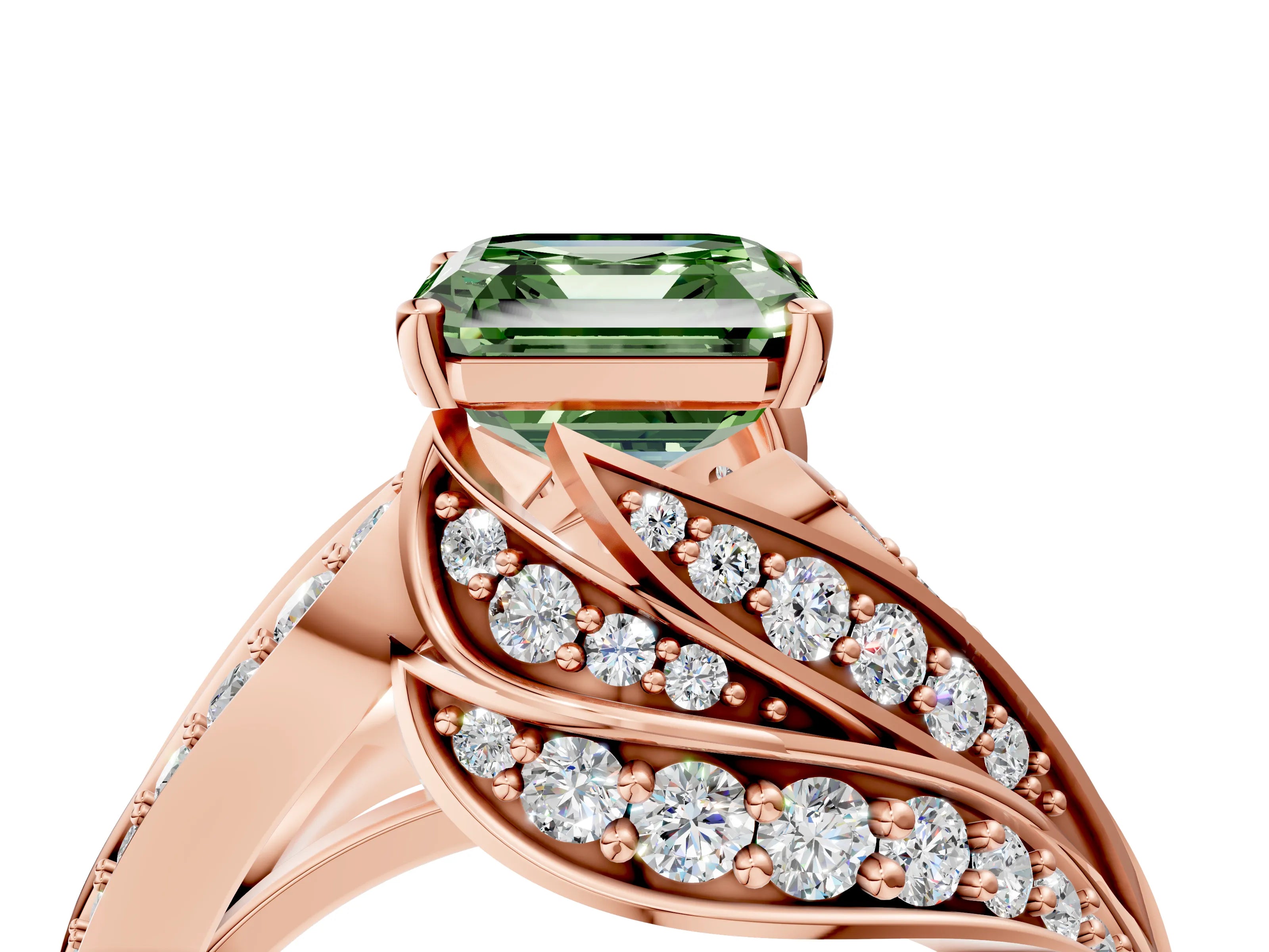 Rose gold Fancy Green Asscher Cut Diamond Solitaire Ring with Prong Setting and Twisted Pavé Band_4