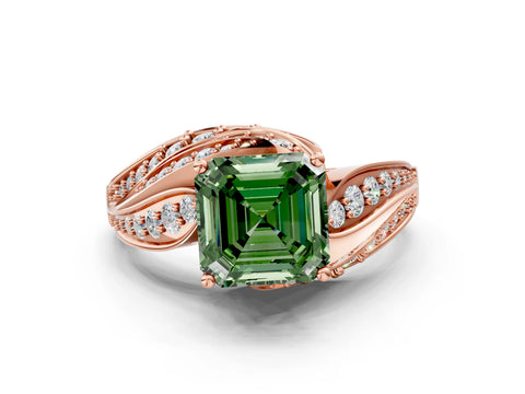 Rose gold Fancy Green Asscher Cut Diamond Solitaire Ring with Prong Setting and Twisted Pavé Band