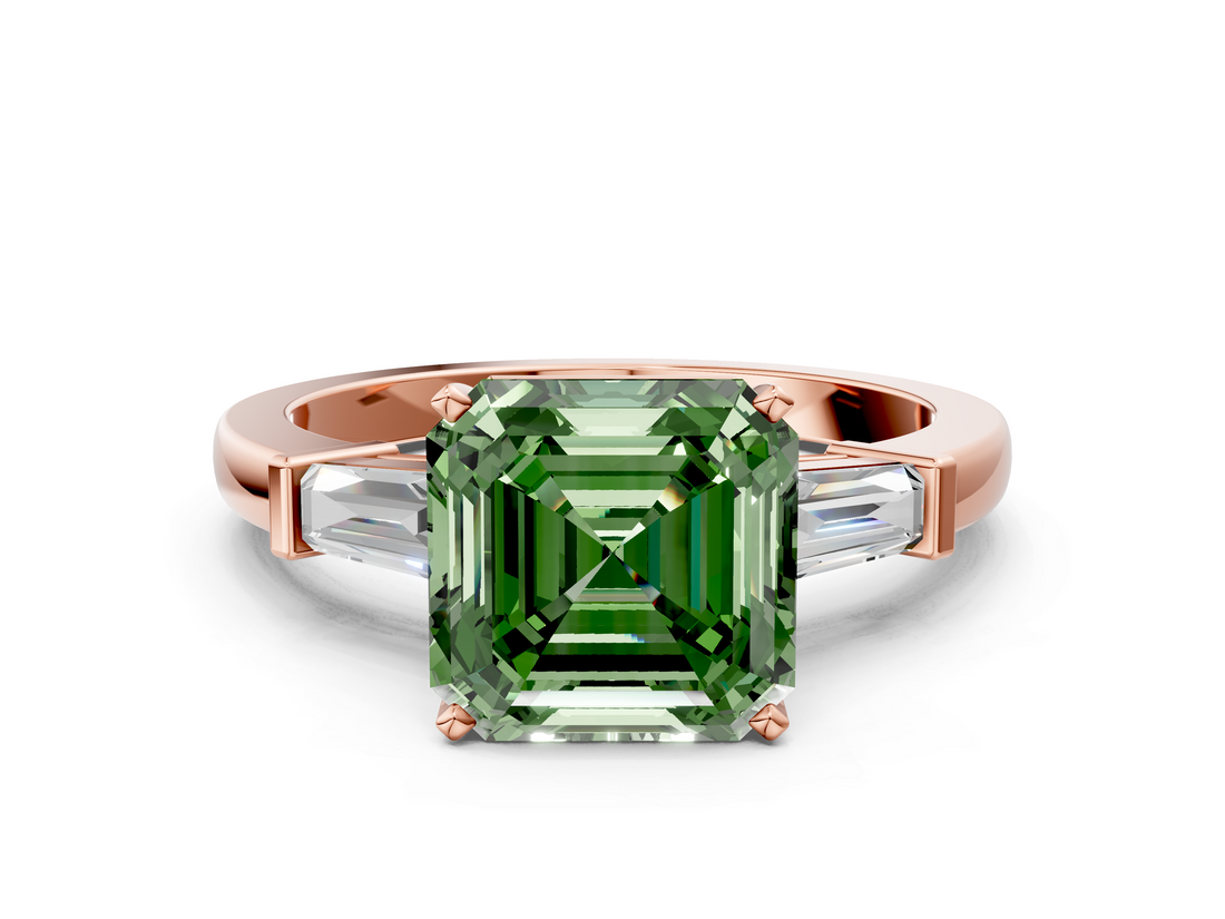 Rose gold Fancy Green Asscher  Cut Diamond Solitaire Ring with Tapered Baguette Accents and Four-Prong Setting_18